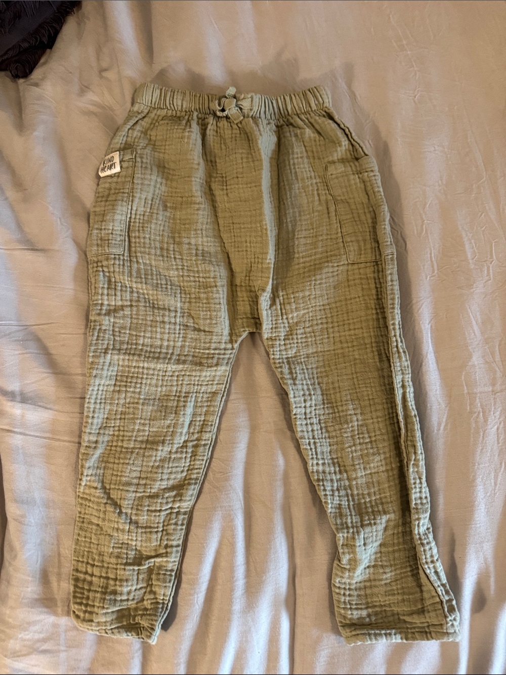 Kids Olive Green Gauze Jogger Pants with Elastic Waist
